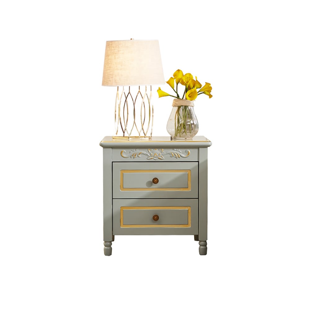 Grijs nachtkastje Amerikaans nachtkastje met 2 lades verguld bloemig reliëf nachtkastje Vensterafbeelding