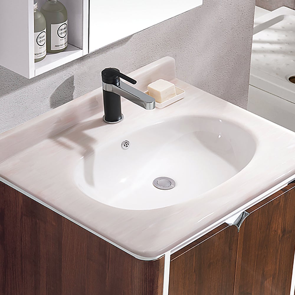 700mm Walnut Floating Bathroom Vanity Artificial Jade Top Integral Ceramics Basin 2-Door window image