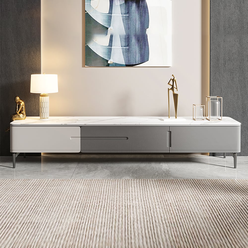 Italian Minimalist TV stand Sintered Stone Top Gray Media Console 3-Drawer window image
