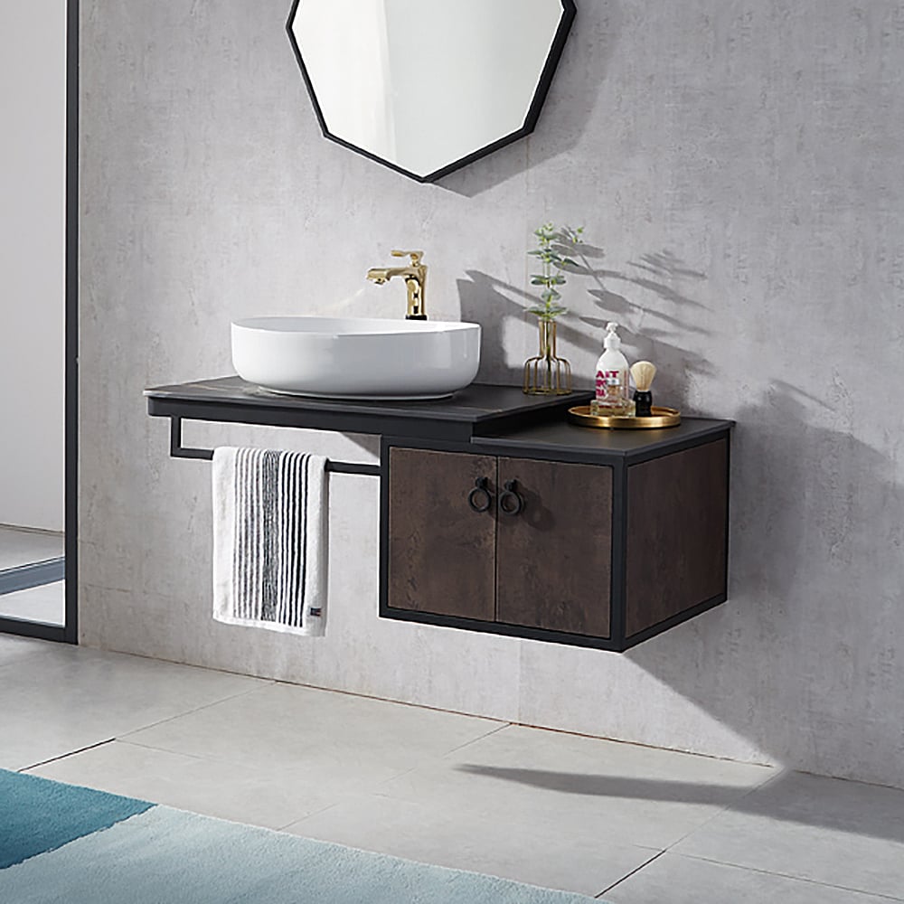 Black Wall Mounted Bathroom Vanity Sintered Stone Top Layered with Towel Hanging Rod window image