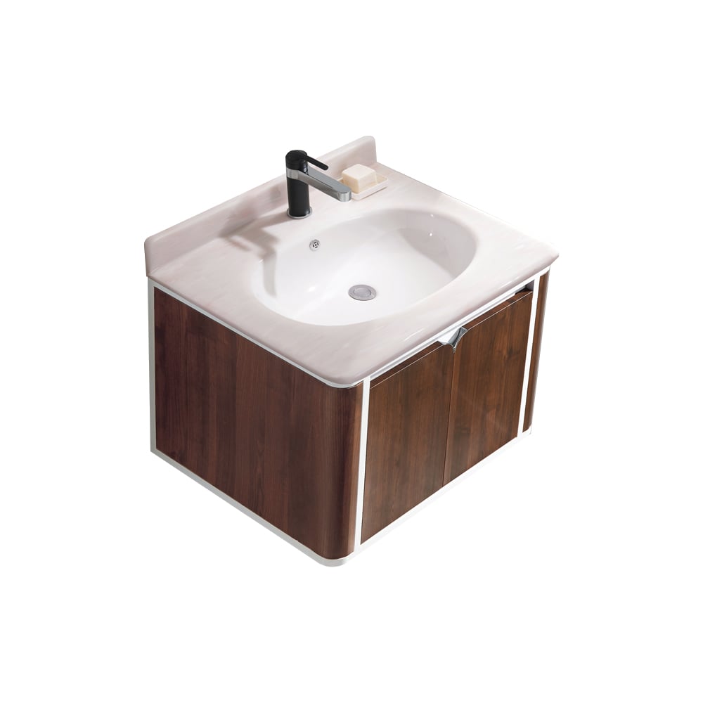 700mm Walnut Floating Bathroom Vanity Artificial Jade Top Integral Ceramics Basin 2-Door window image