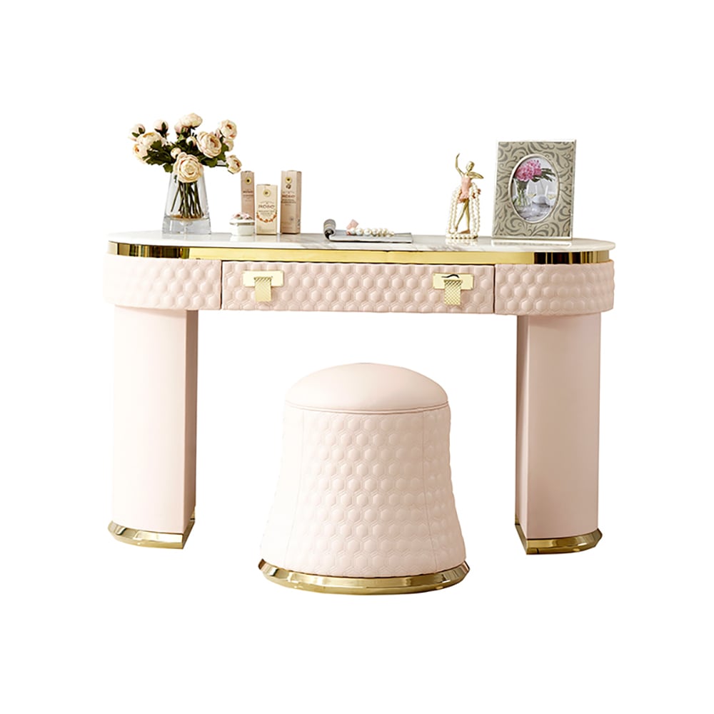 Contemporary Pink Makeup Vanity 1-Drawer Dressing Table Stool Included Gold Finish window image