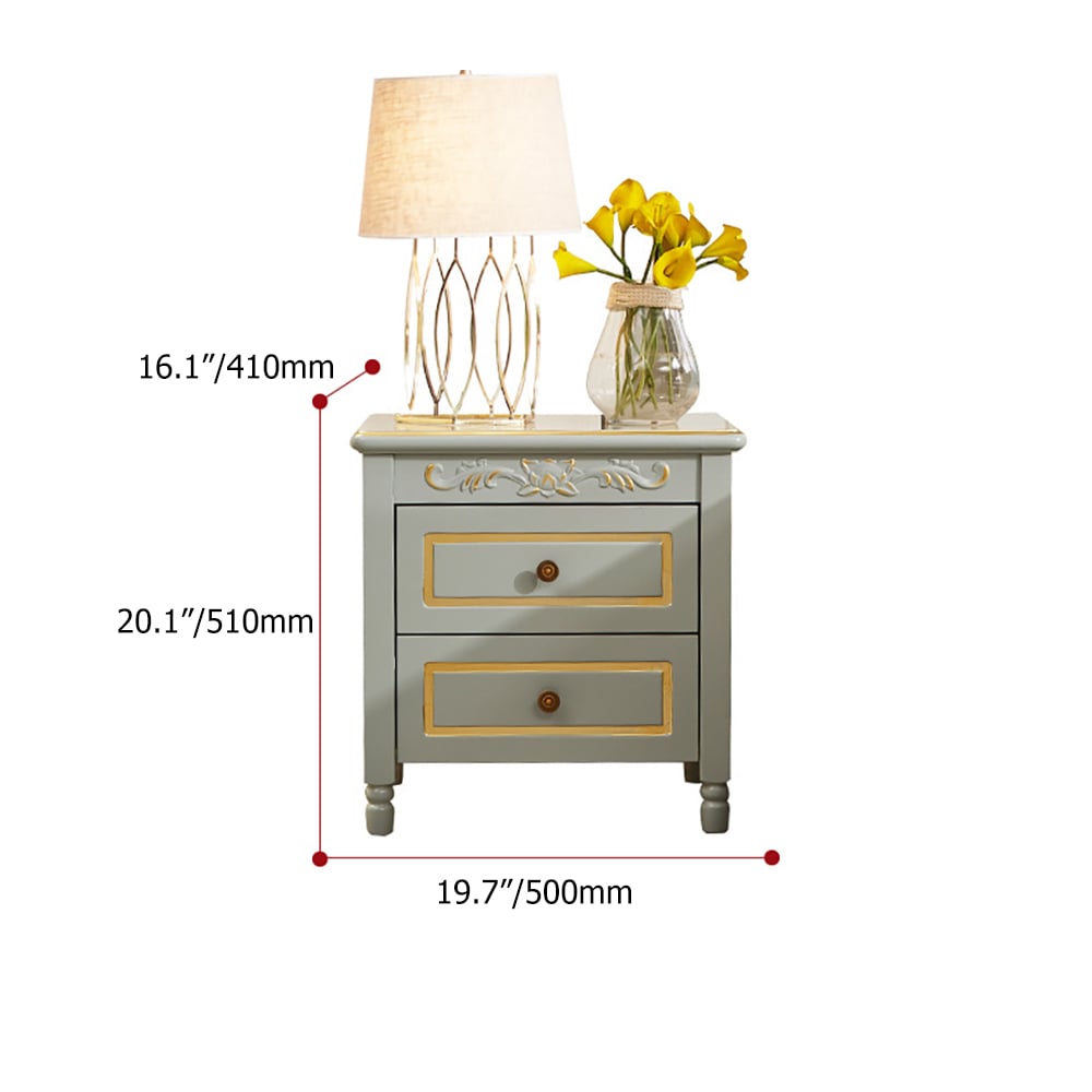 Grijs nachtkastje Amerikaans nachtkastje met 2 lades verguld bloemig reliëf nachtkastje Vensterafbeelding