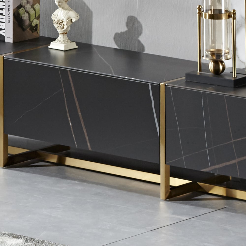 Modern Luxury Black TV Stand Stone Top 3-Drawer Lacquered Surface window image