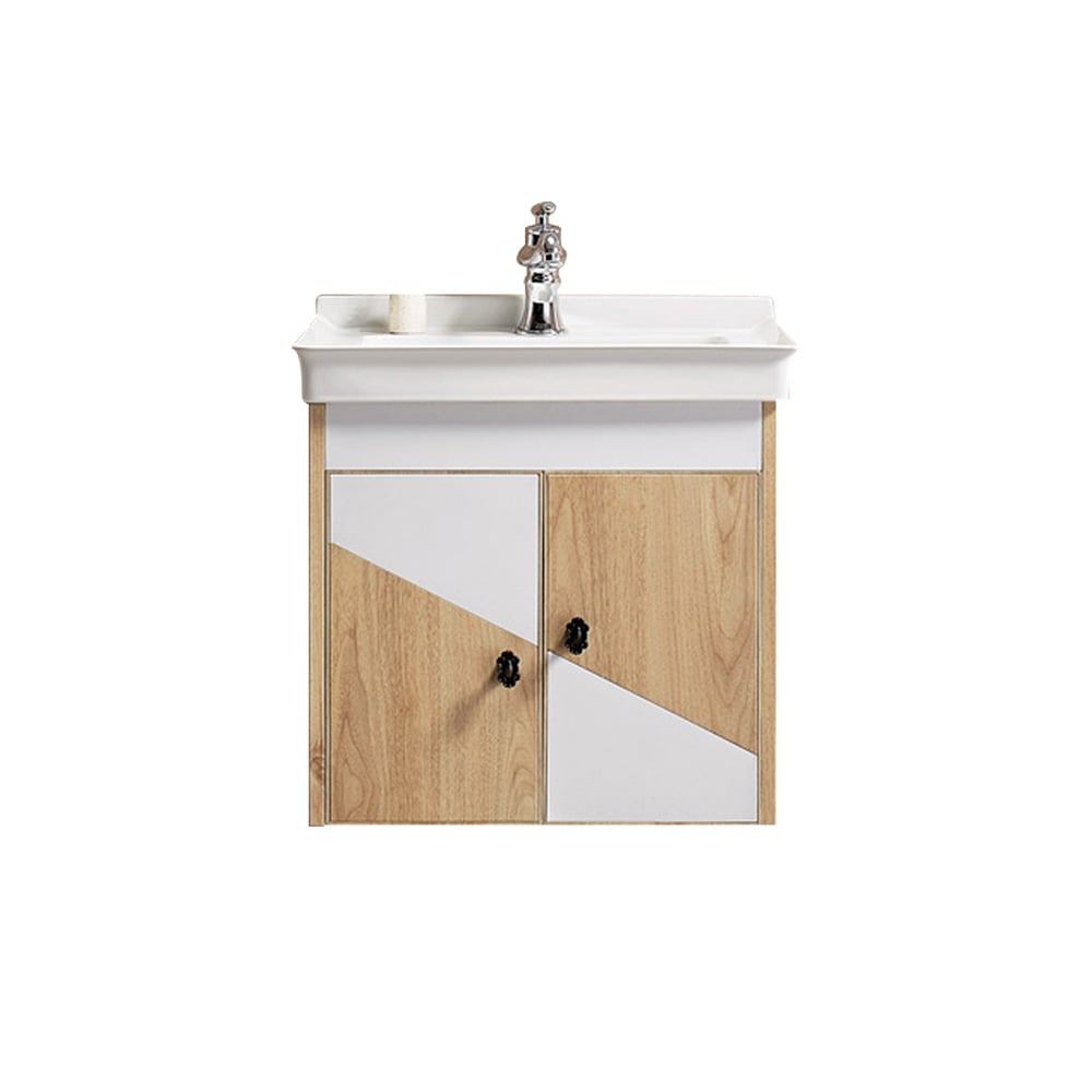 Mobile da bagno galleggiante bianco e naturale da 23,6", porta singola in ceramica senza tavolo Immagine della finestra