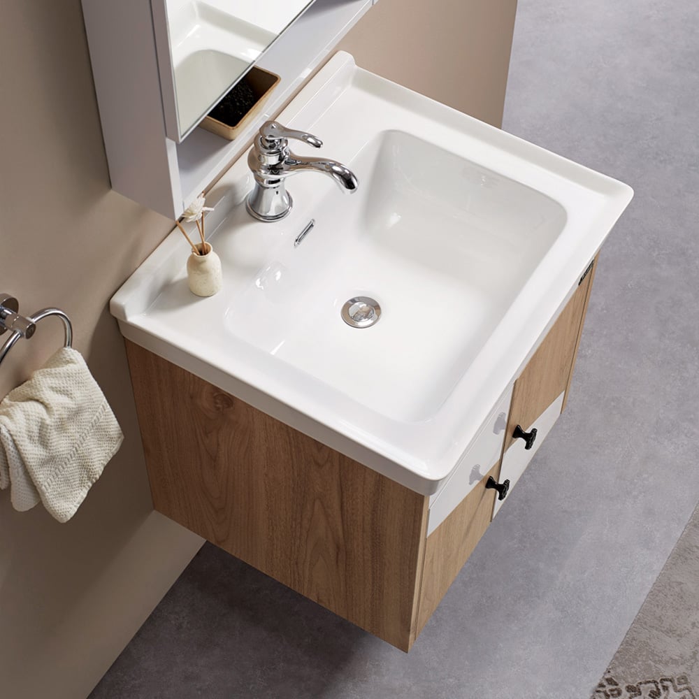 Mobile da bagno galleggiante bianco e naturale da 23,6", porta singola in ceramica senza tavolo Immagine della finestra