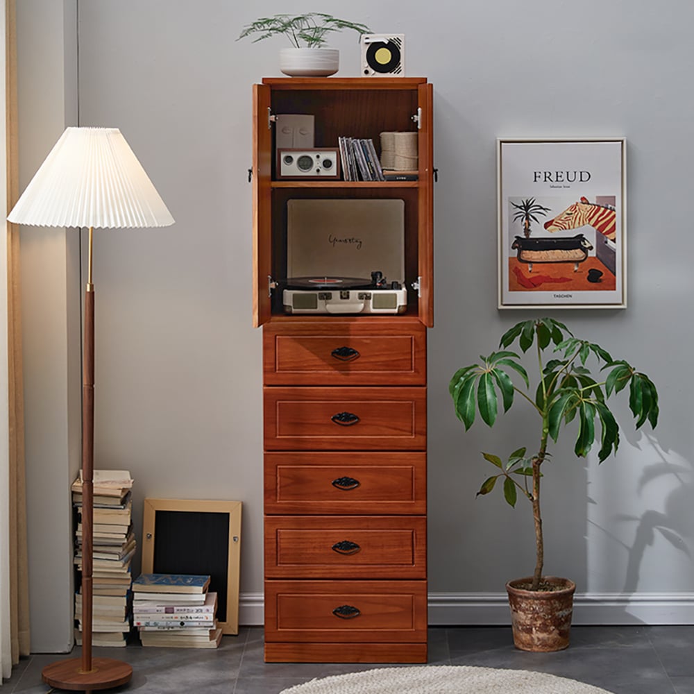 66" Walnut 5-Drawer Chest Accent Cabinet 1 Adjustable Shelf window image
