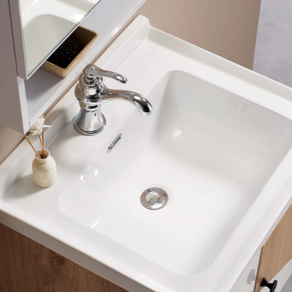 Mobile da bagno galleggiante bianco e naturale da 23,6", porta singola in ceramica senza tavolo Immagine della finestra