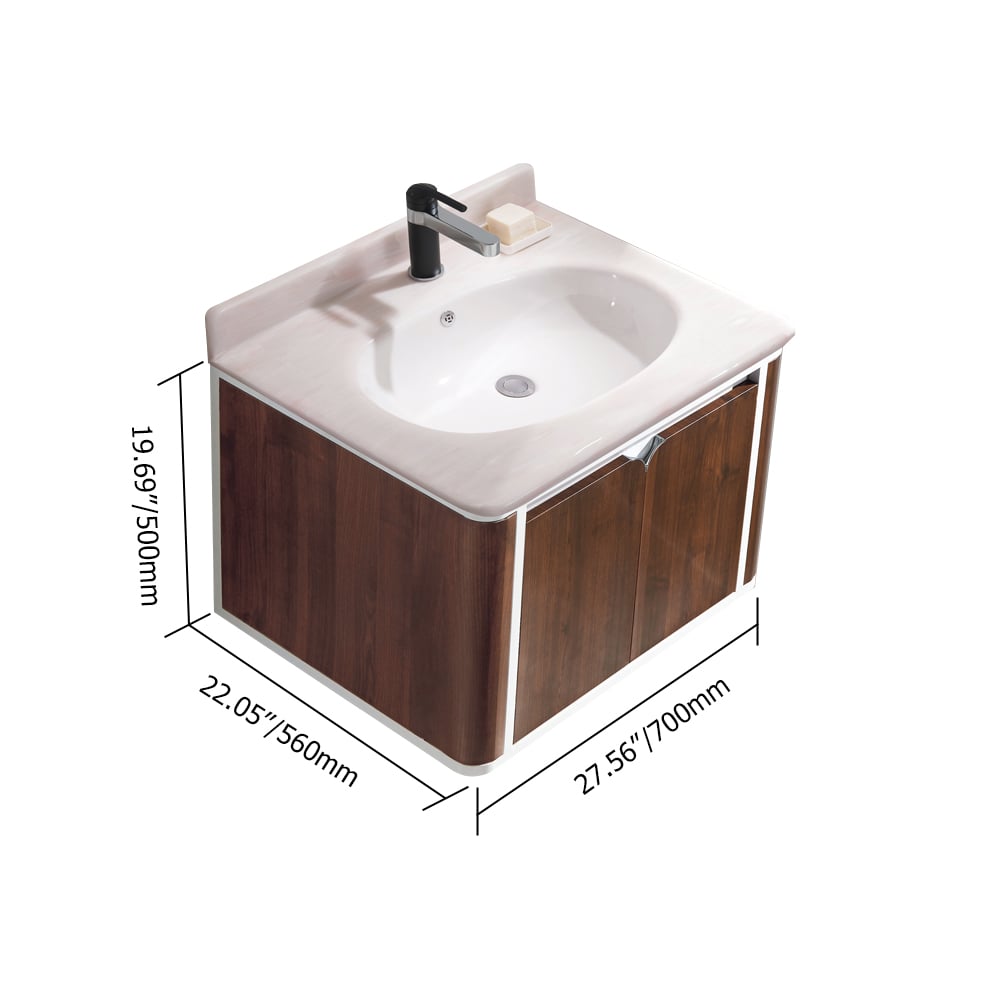 700mm Walnut Floating Bathroom Vanity Artificial Jade Top Integral Ceramics Basin 2-Door window image