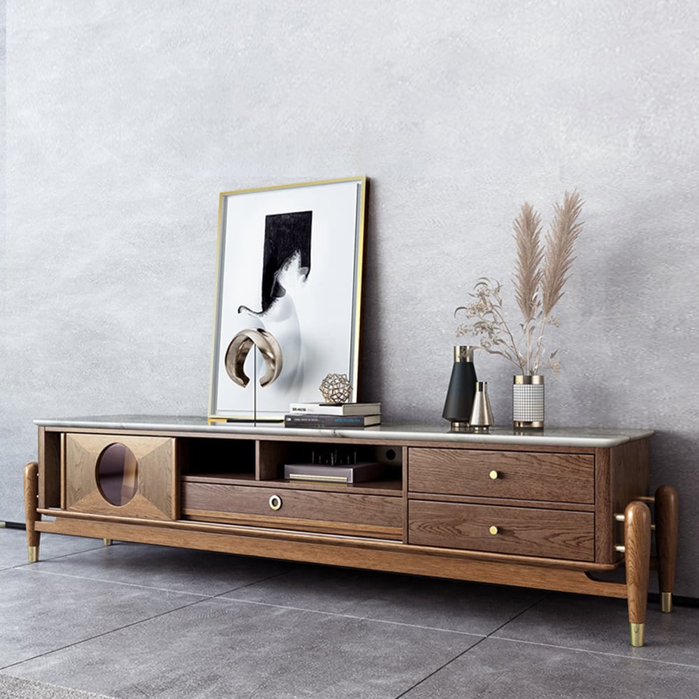 Walnut TV Stand Faux Marble Top 3-Drawer 1-Sliding Door Entertainment Center window image