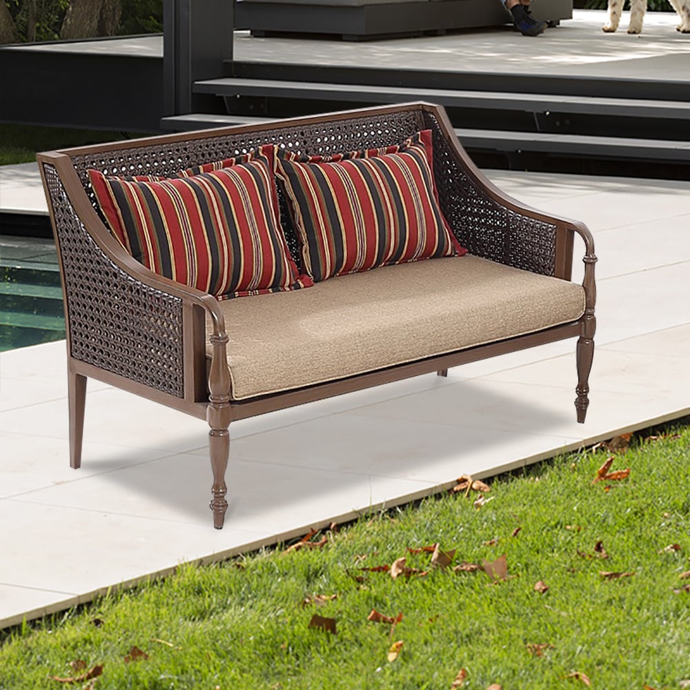 1400mm Retro Style Rattan Patio Loveseat with Striped Pillow Back window image