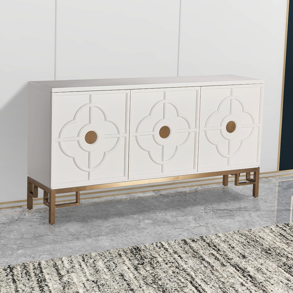 White Buffet 3-Door Clover Embossment Sideboard Gold Finish window image