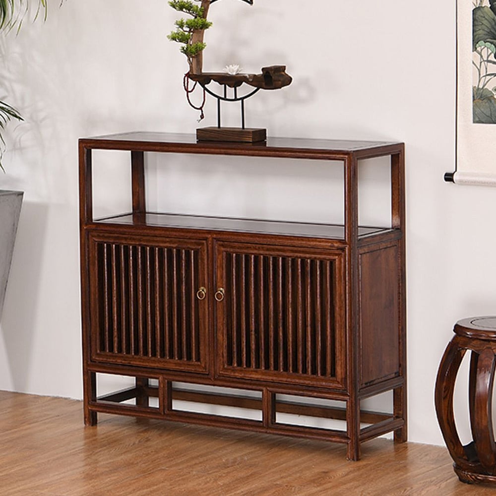 Vintage Walnut Sideboard Neo Chinese Buffet Crib Doors & Open Storage window image