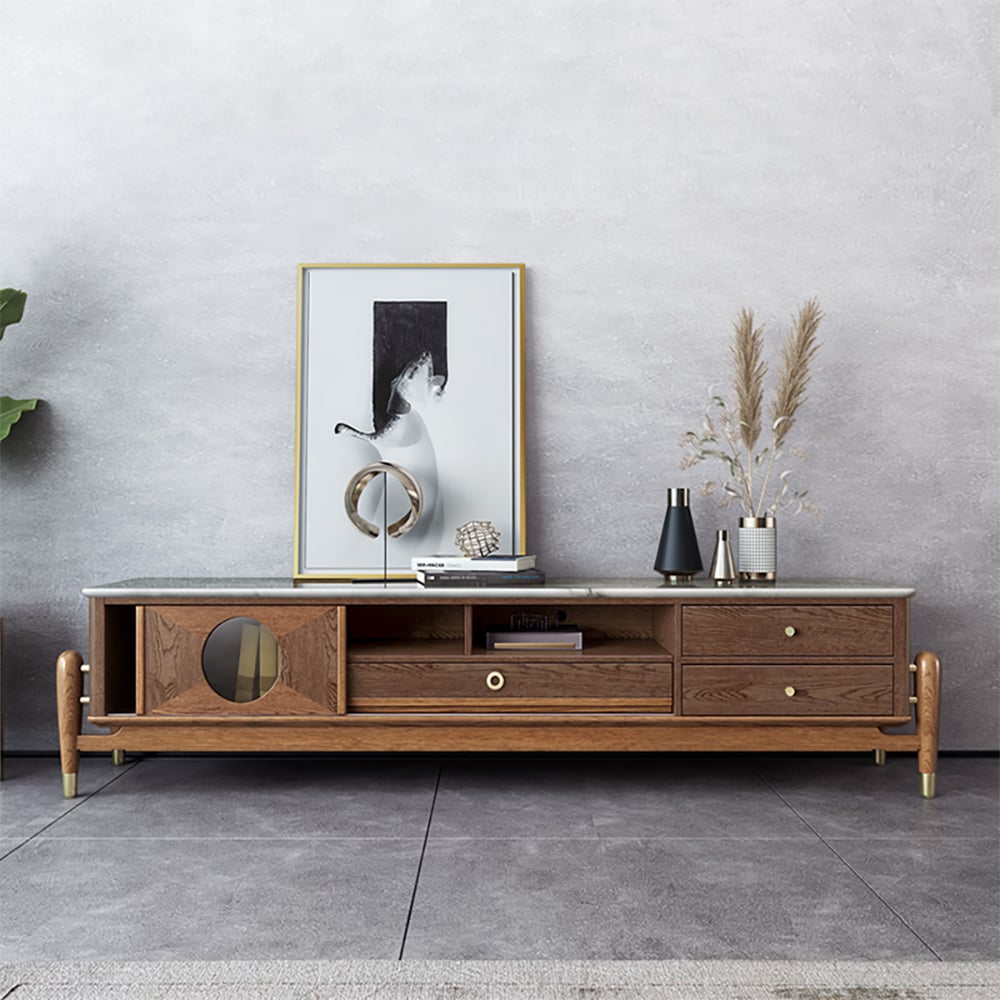 Walnut TV Stand Faux Marble Top 3-Drawer 1-Sliding Door Entertainment Center window image
