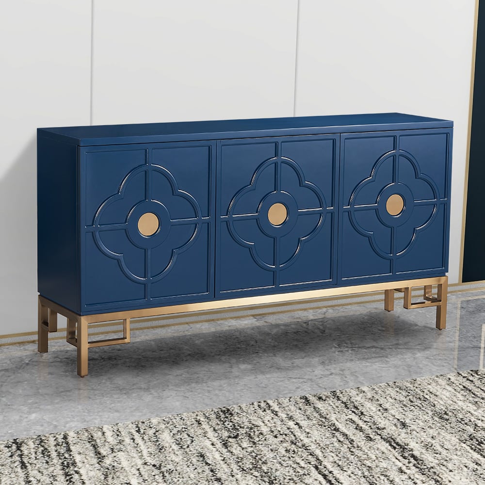 White Buffet 3-Door Clover Embossment Sideboard Gold Finish window image