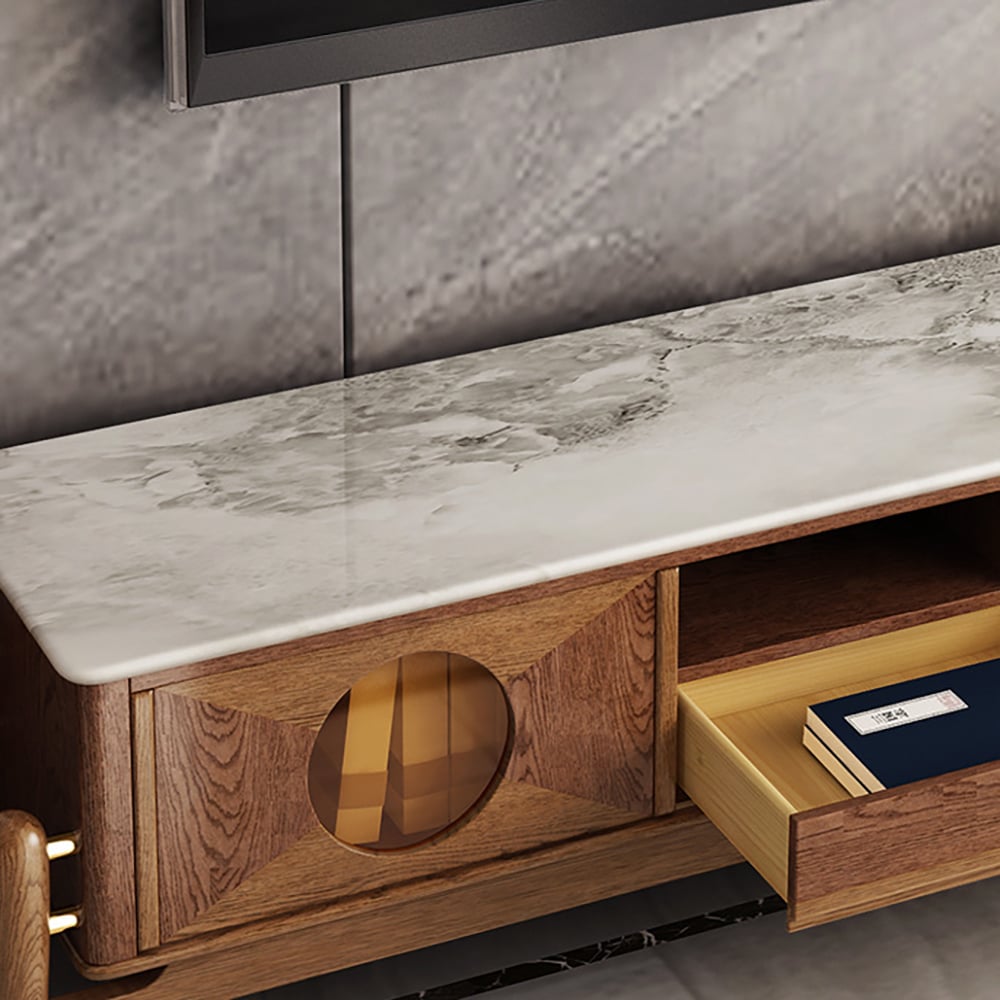 Walnut TV Stand Faux Marble Top 3-Drawer 1-Sliding Door Entertainment Center window image