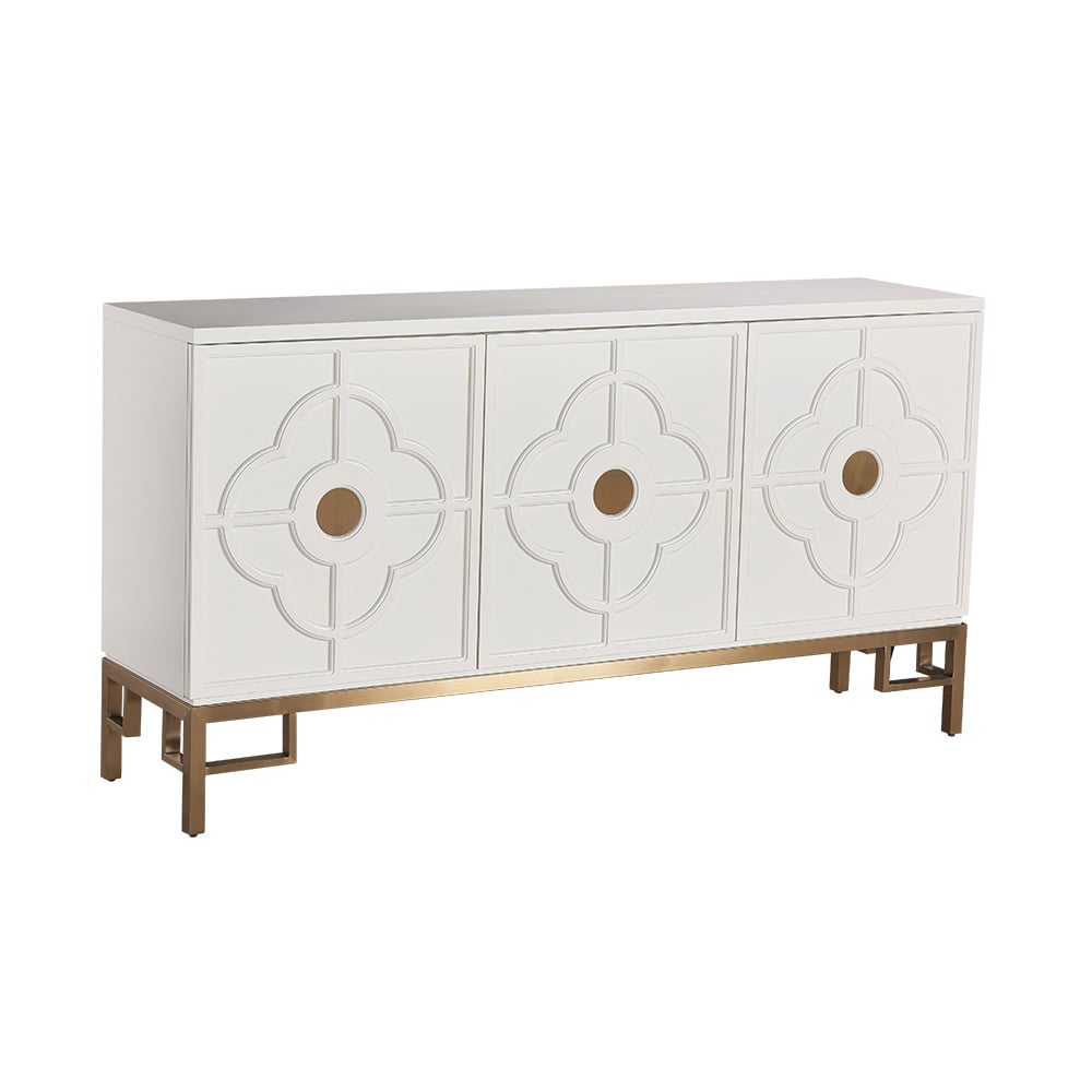 White Buffet 3-Door Clover Embossment Sideboard Gold Finish window image