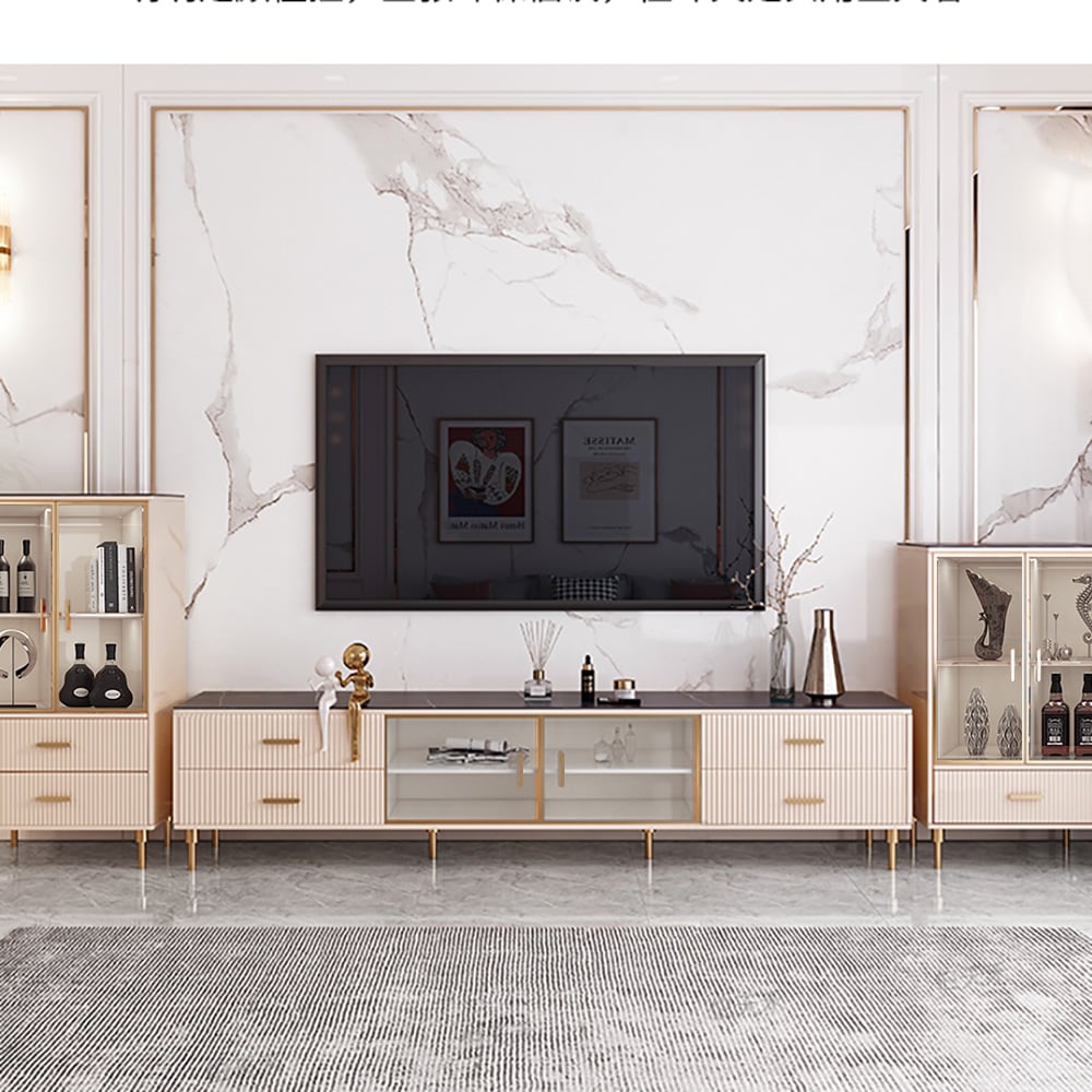 Italian Black TV Stand Stone Top Tempered Glass Doors 2159mm Media Console window image