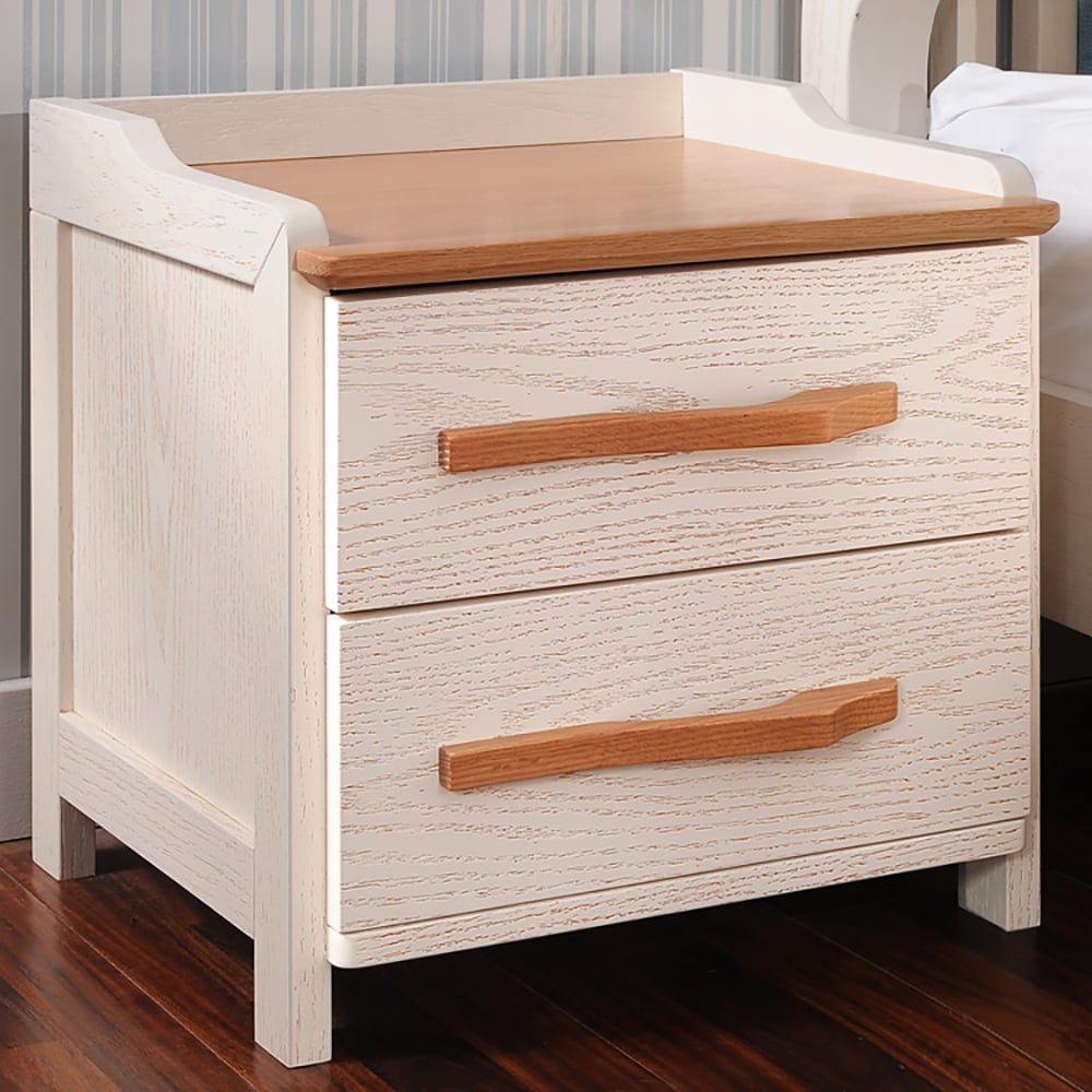 Table de chevet Nordic blanc cassé et noyer de couleur contrastante avec 2 tiroirs image de fenêtre