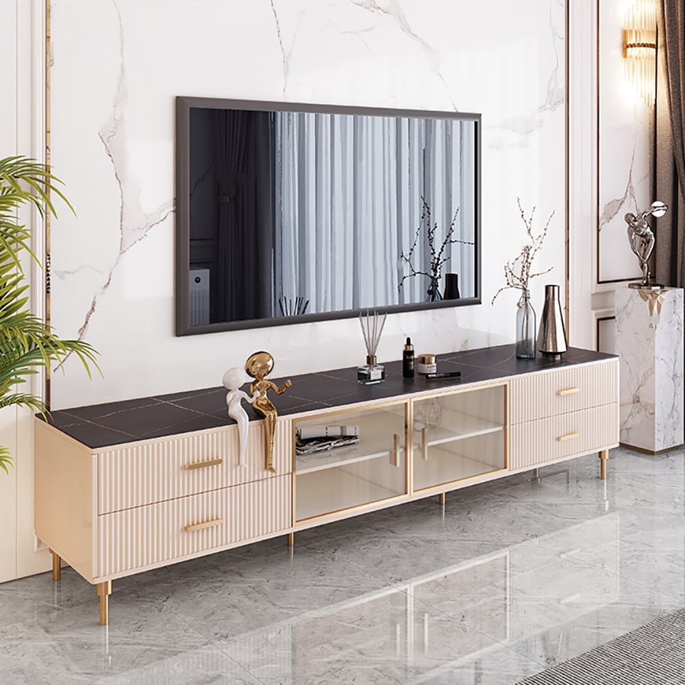 Italian Black TV Stand Stone Top Tempered Glass Doors 2159mm Media Console window image