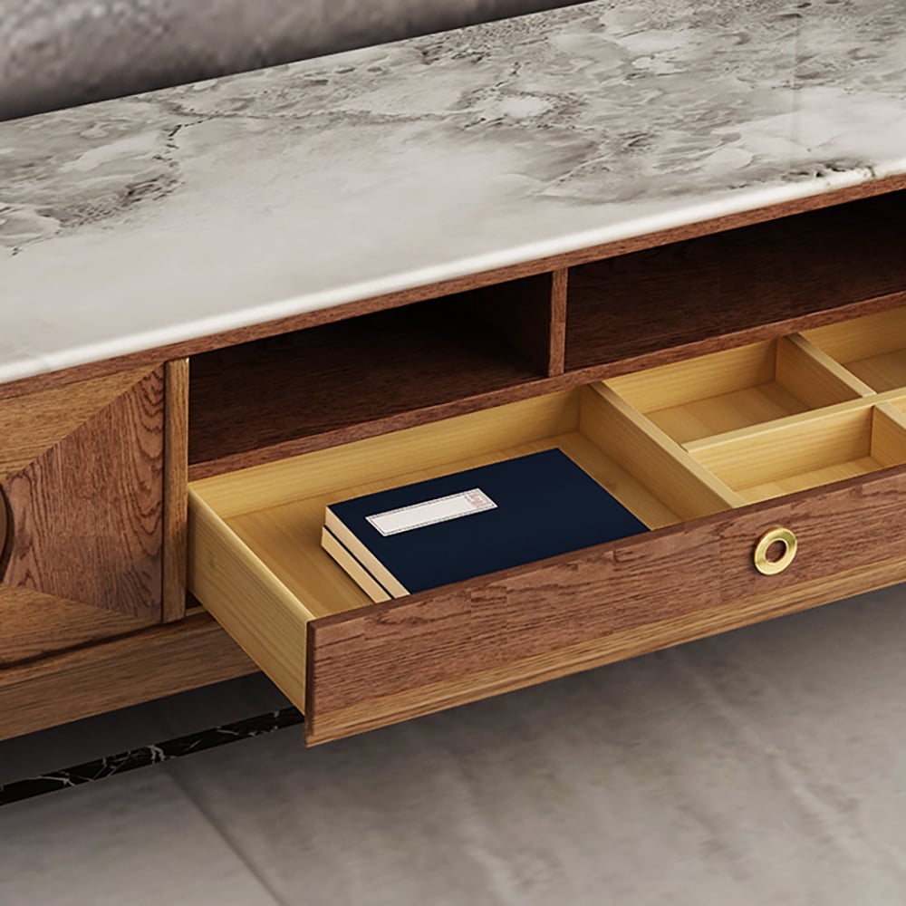 Walnut TV Stand Faux Marble Top 3-Drawer 1-Sliding Door Entertainment Center window image