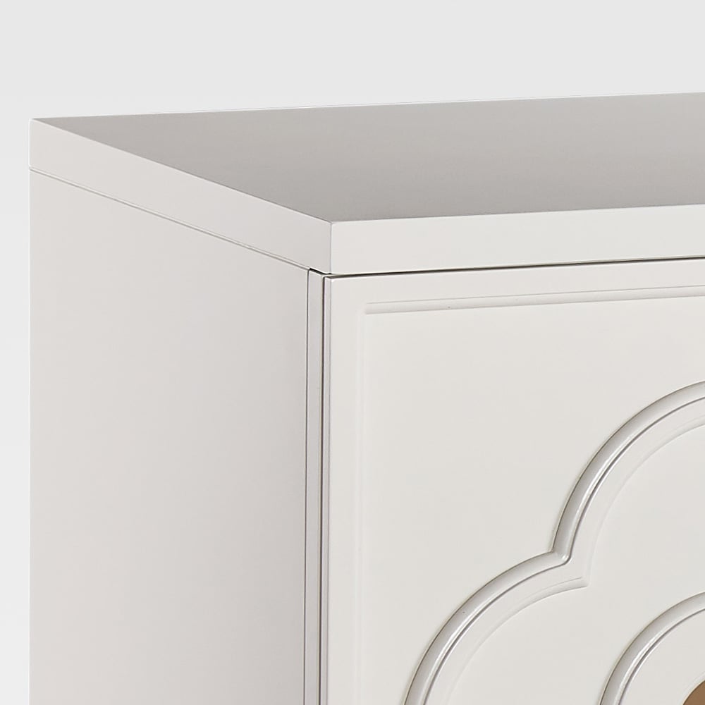 Bric Modern White TV Stand Rectangular 4-Door Clover Embossment Media Cabinet window image