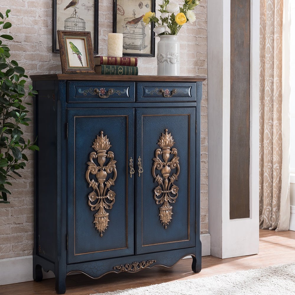 Vintage Blue Shoe Cabinet Florally Patterned & Embossed 16 Pairs Shoes window image