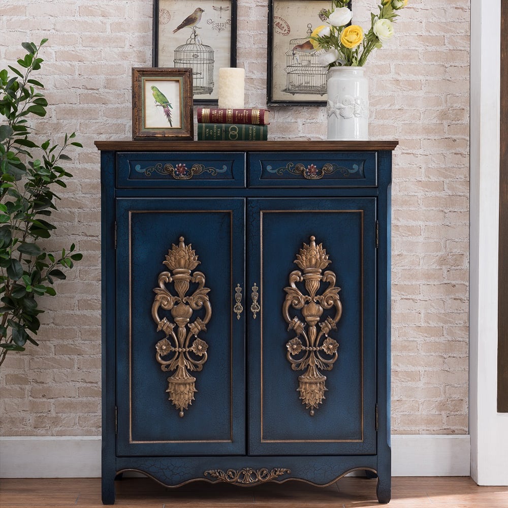 Vintage Blue Shoe Cabinet Florally Patterned & Embossed 16 Pairs Shoes window image