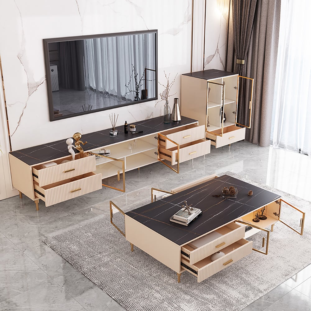 Italian Black TV Stand Stone Top Tempered Glass Doors 2159mm Media Console window image