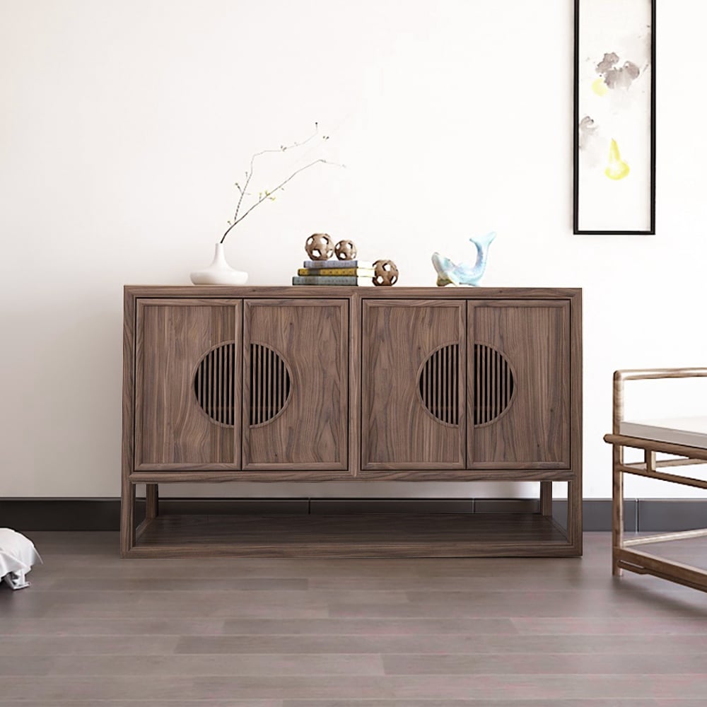 52" Walnut Sideboard Buffet Neo Chinese Style Kitchen Cabinet with Bottom Shelf window image