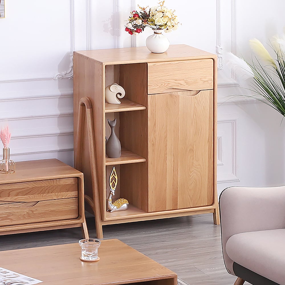Nordic Natural Cabinet Oak Wood Side Cabinet Open Storage Hidden Pulls window image