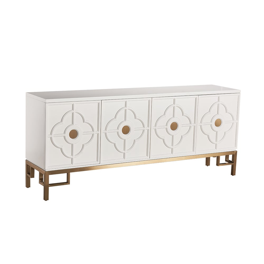 Bric Modern White TV Stand Rectangular 4-Door Clover Embossment Media Cabinet window image