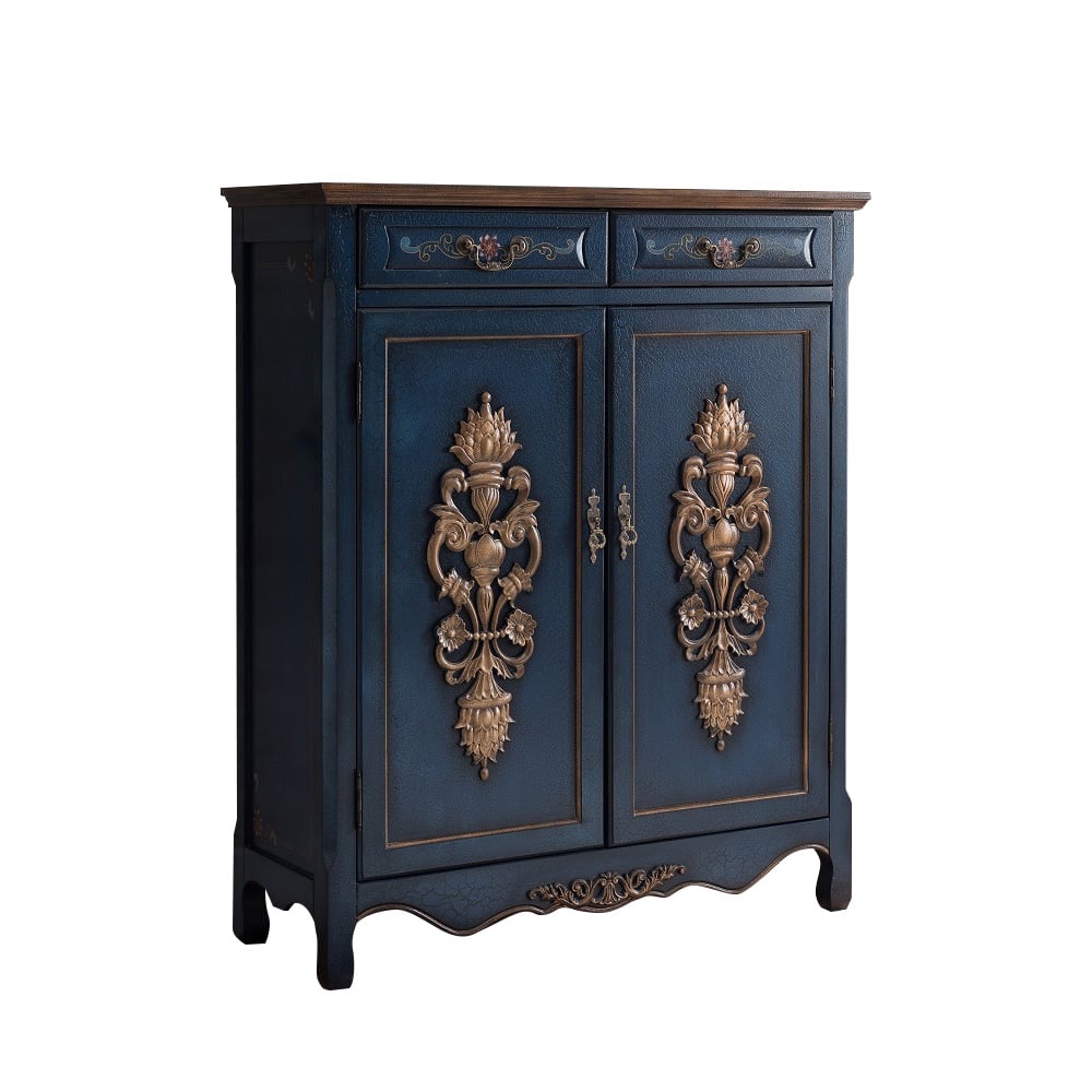 Vintage Blue Shoe Cabinet Florally Patterned & Embossed 16 Pairs Shoes window image