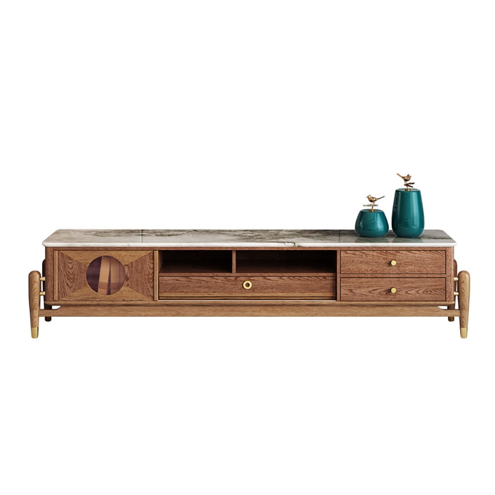 Walnut TV Stand Faux Marble Top 3-Drawer 1-Sliding Door Entertainment Center window image