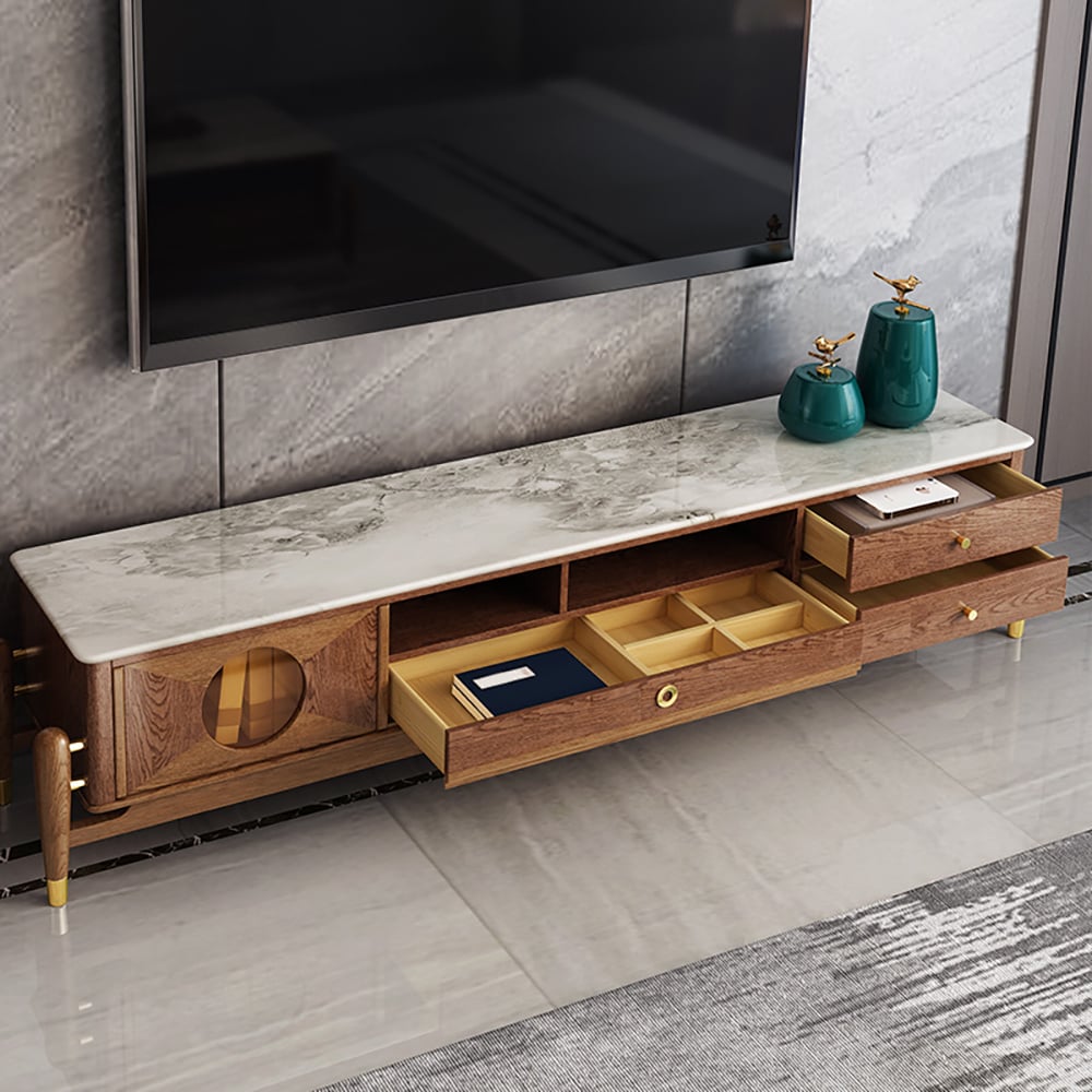 Walnut TV Stand Faux Marble Top 3-Drawer 1-Sliding Door Entertainment Center window image