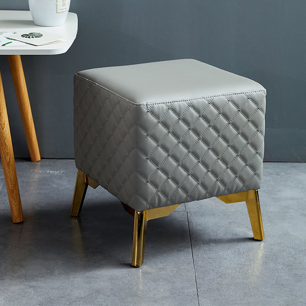 Modern PVC Leather Upholstered Ottoman Stool with Gold Metal Legs window image