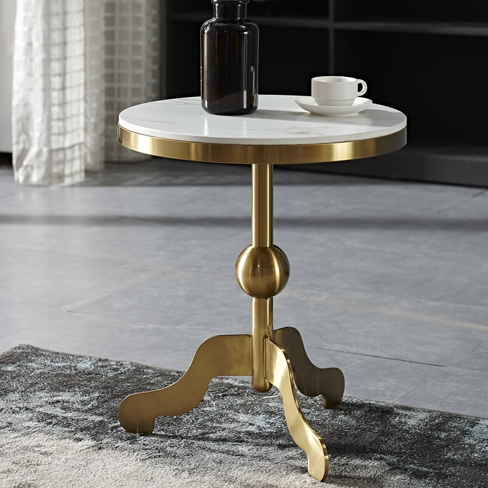 Modern Round End Table Sintered Stone Top & Stainless Steel Legs Gold Side Table window image