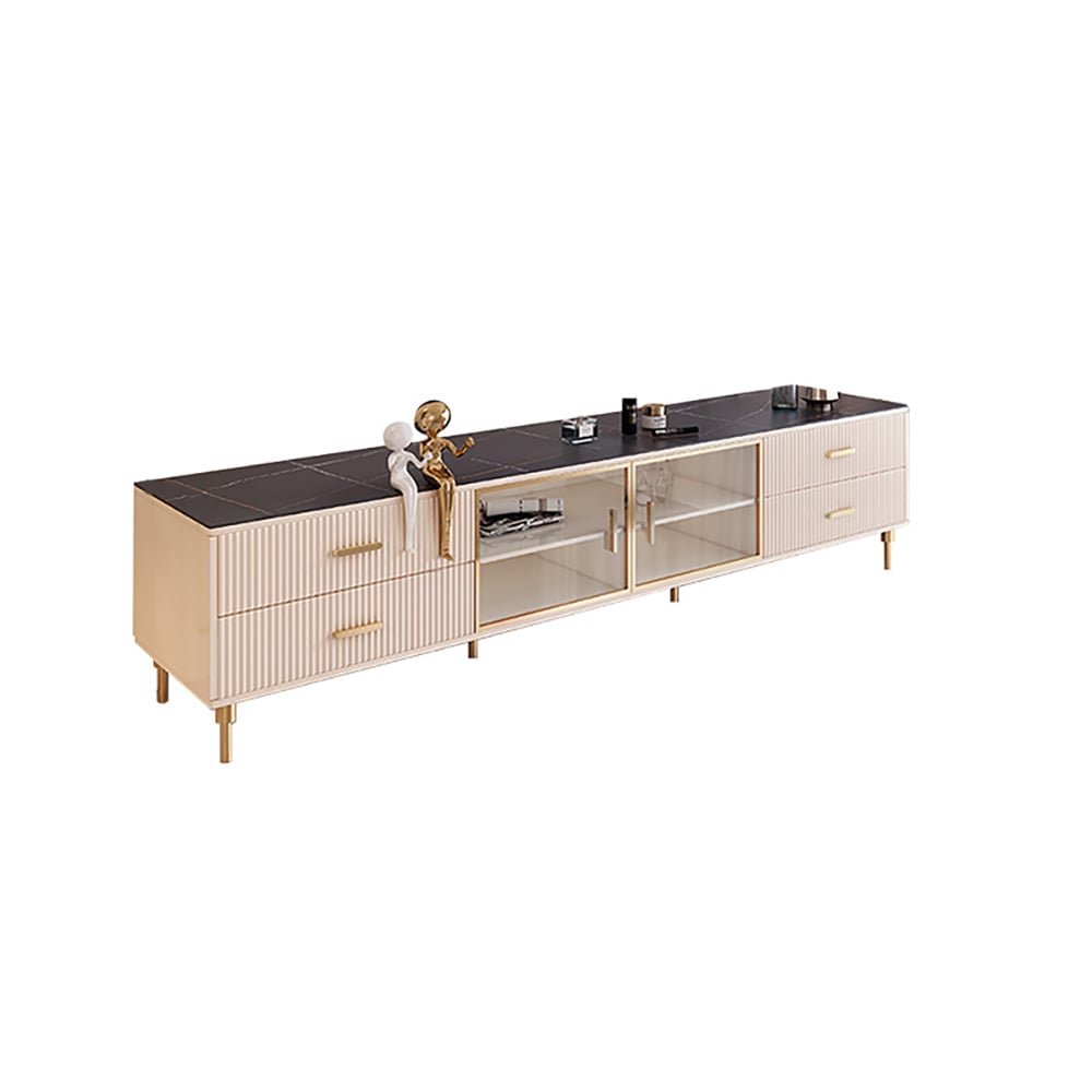 Italian Black TV Stand Stone Top Tempered Glass Doors 2159mm Media Console window image