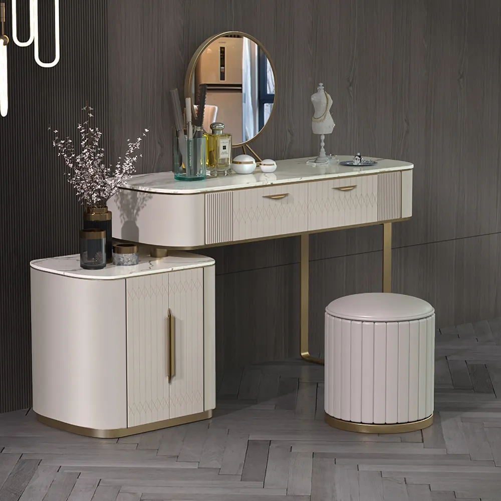 Off White Makeup Vanity Retracted&Extendable Dressing Table with 2 Drawers Cabinet Included window image