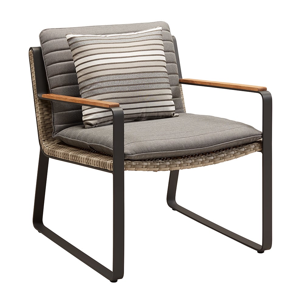 Rattan Woven Outdoor Accent Chair with Striped Cushion and Pillow window image