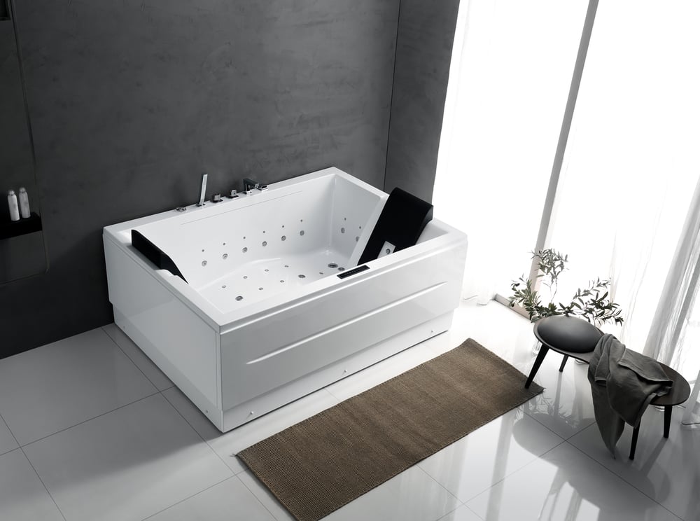 1800mm Modern Acrylic Corner Bath Whirlpool Air Massage 3 Sided Apron Bath window image