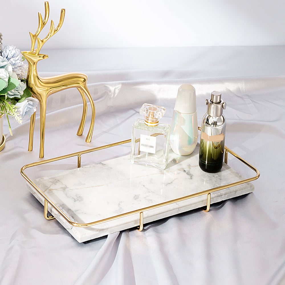 White & Gold Modern Marble Rectangular Makeup Desk Organizer Storage Tray window image