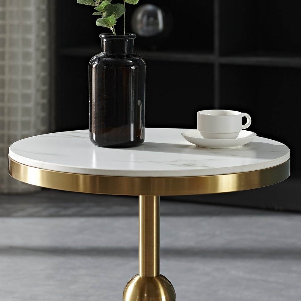 Modern Round End Table Sintered Stone Top & Stainless Steel Legs Gold Side Table window image