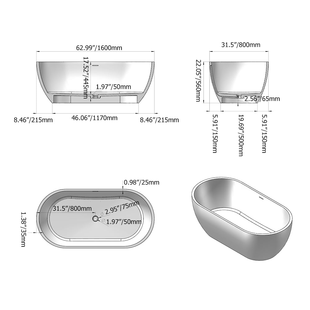 Pierre de bain autoportante avec vidage central et trop-plein en gris foncé Poids, dimensions, image
