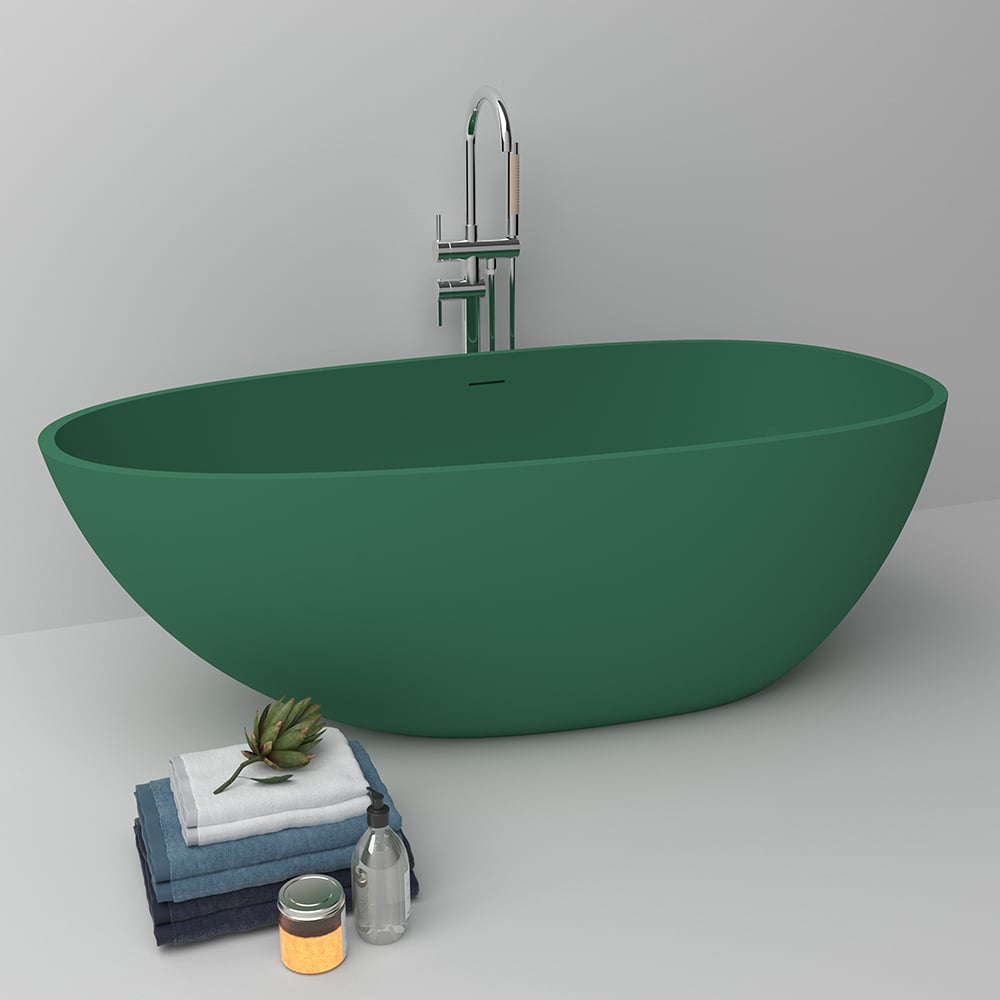 Oval Freestanding Soaking Bathtub Stone with Center Drain & Overflow in Green window image