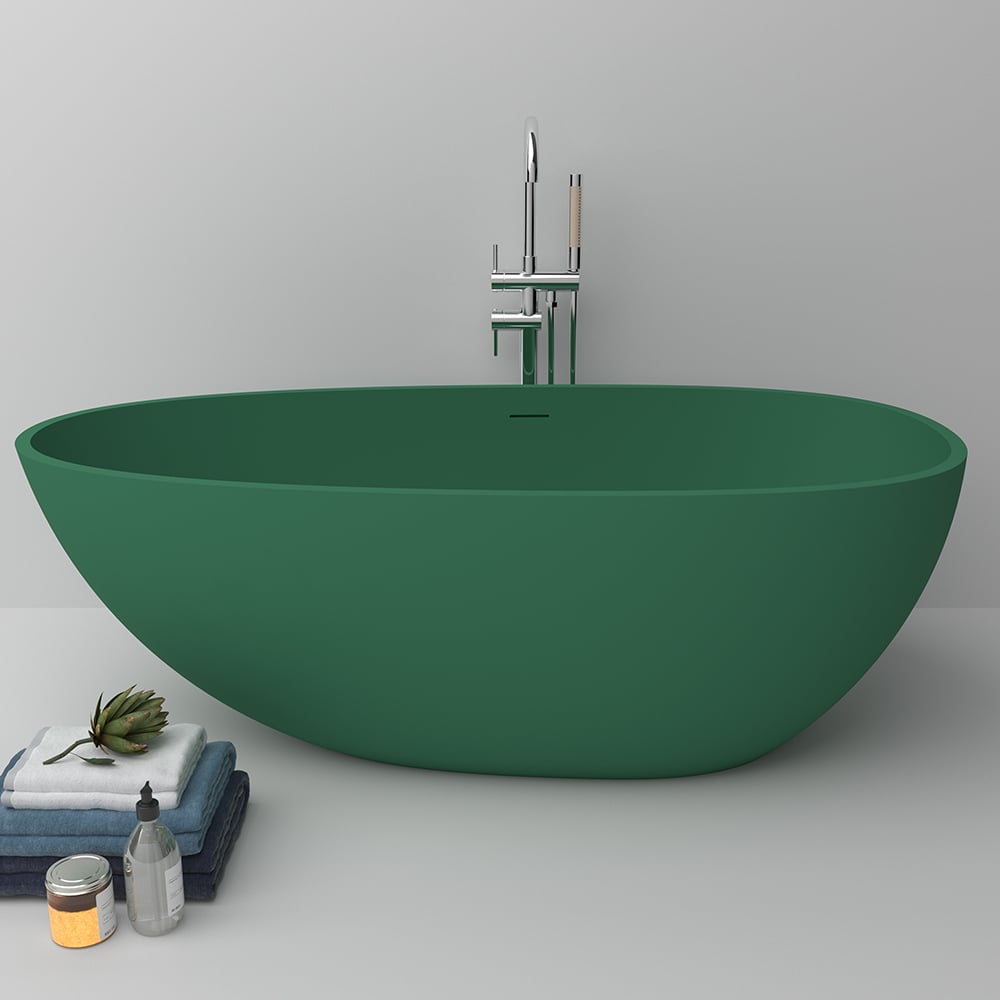 Oval Freestanding Soaking Bathtub Stone with Center Drain & Overflow in Green window image