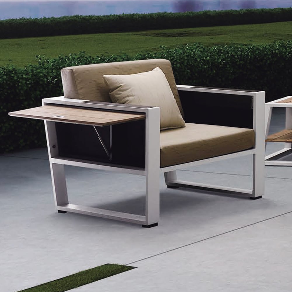 Armchair with Teak Wood Armrest and Foldable Side Shelf window image