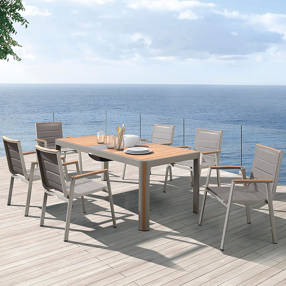 7-Pieces Outdoor Dining Set with Rectangle Teak Wood-Top Table and 6 Side Chairs window image