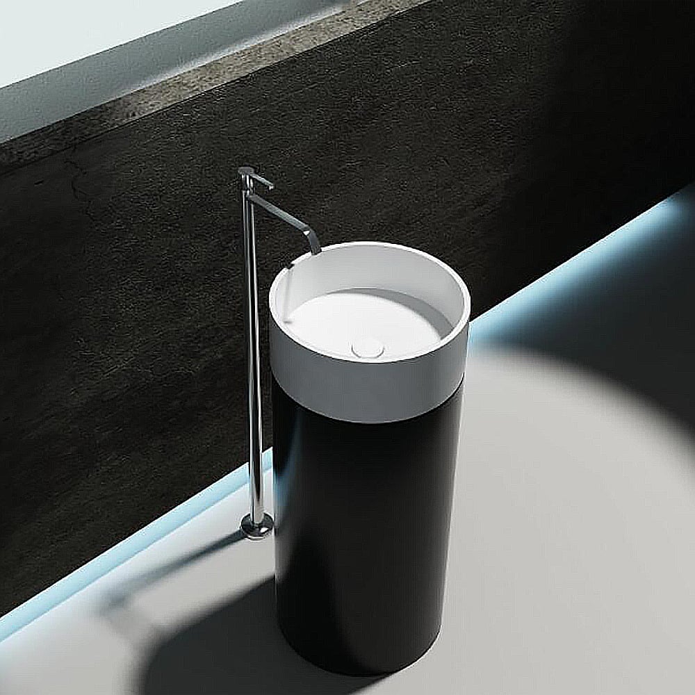 35" Tall Black & White Stone Resin Cylindrical Pedestal Bathroom Sink window image