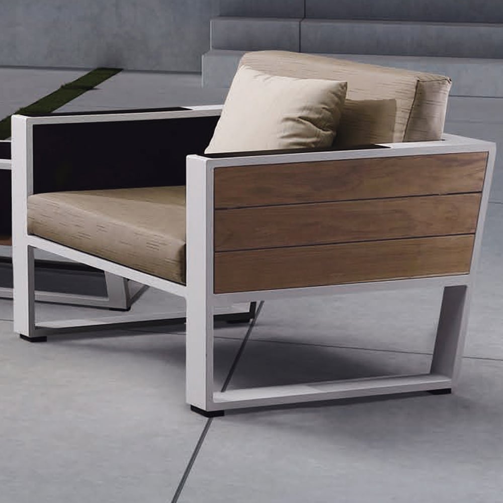 Armchair with Teak Wood Armrest and Foldable Side Shelf window image